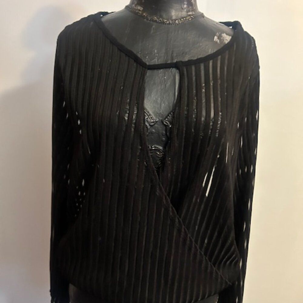 CaCia Black sheer wrap front bell sleeves top, size 3X